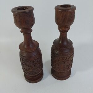 Vintage Candle Holders Hand Carved Wooden 7.5" India Floral Set Of 2